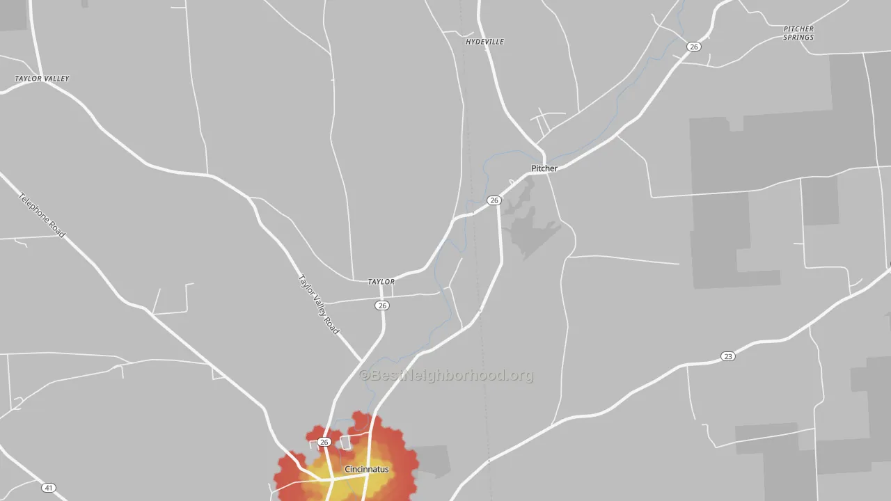Walk Grade map of Taylor, NY, walkable areas in green and car-dependent areas in red