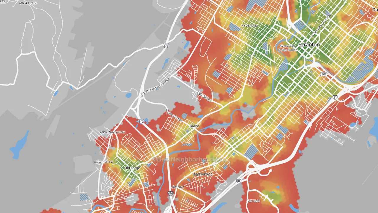 Walk Grade map of Taylor, PA, walkable areas in green and car-dependent areas in red