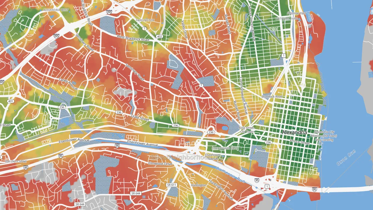 Walk Grade map of Taylor Run, Alexandria, VA, walkable areas in green and car-dependent areas in red