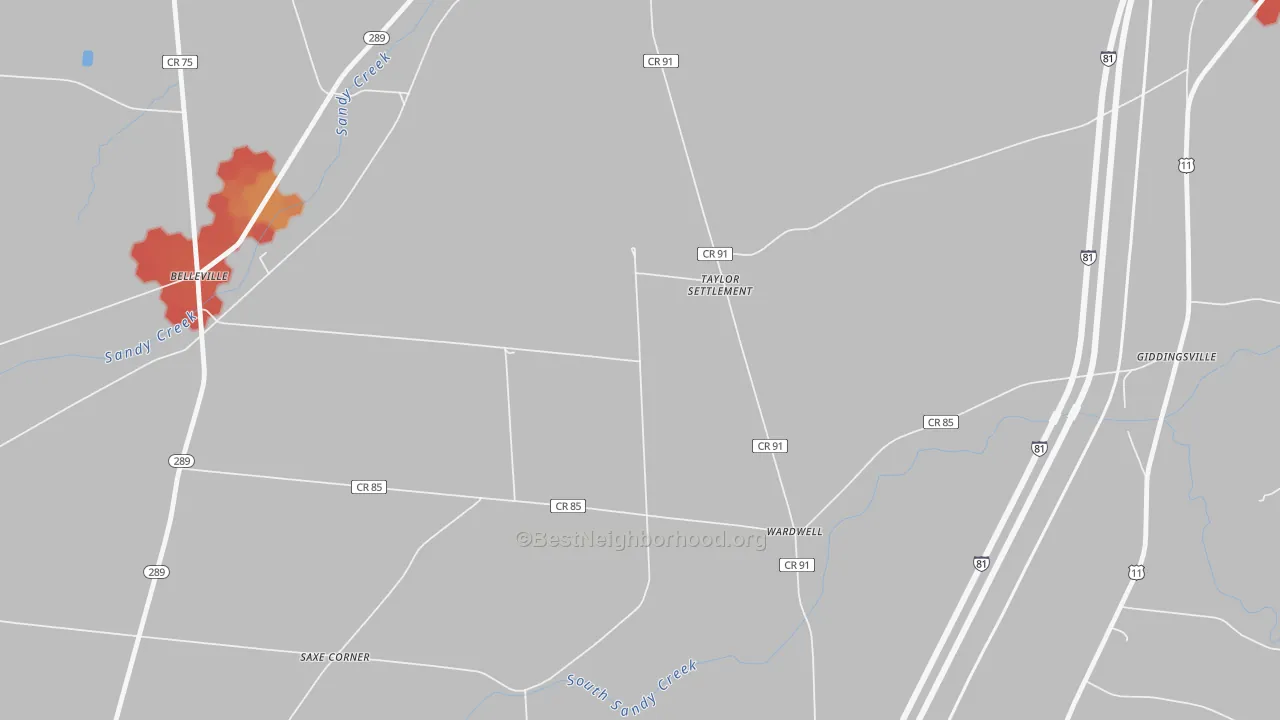 Walk Grade map of Taylor Settlement, NY, walkable areas in green and car-dependent areas in red