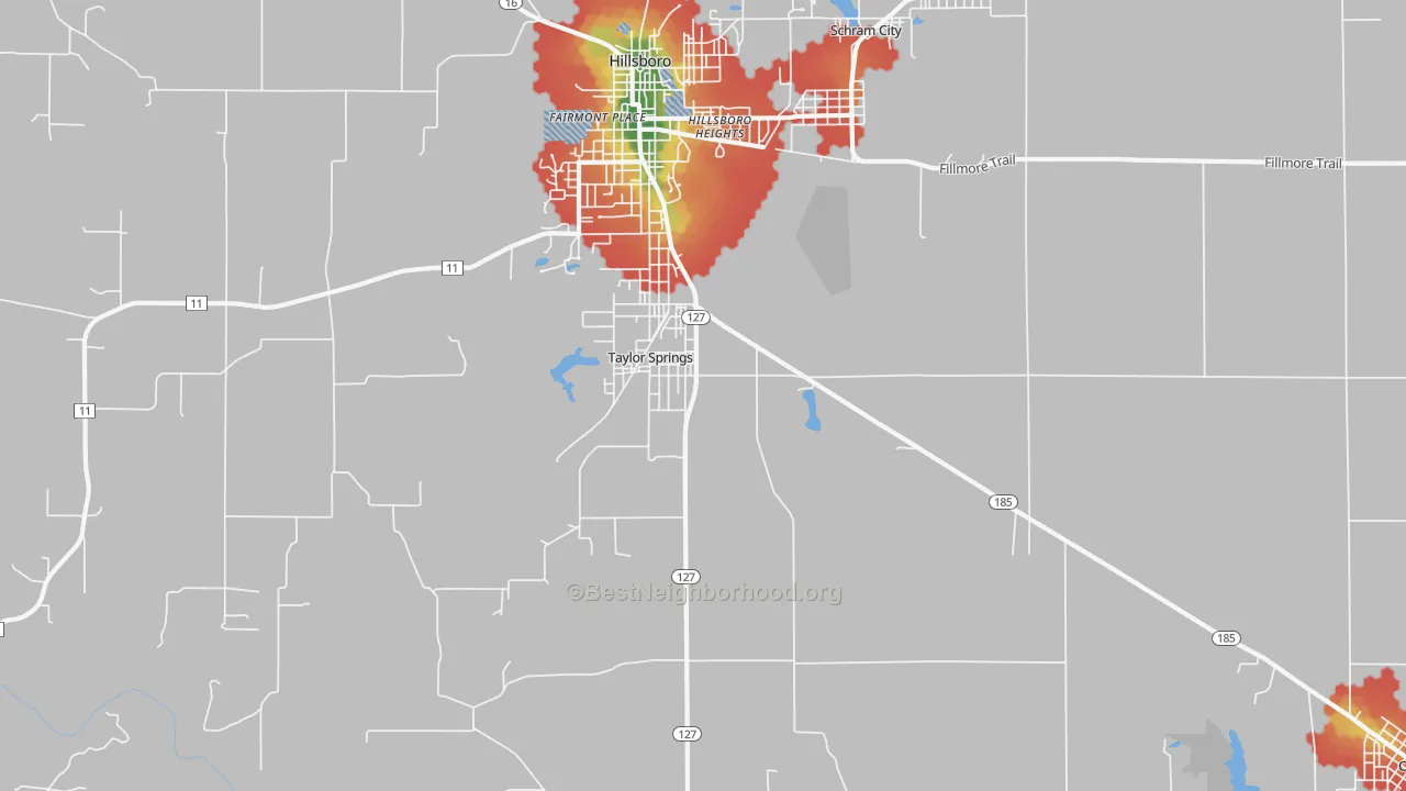 Walk Grade map of Taylor Springs, IL, walkable areas in green and car-dependent areas in red