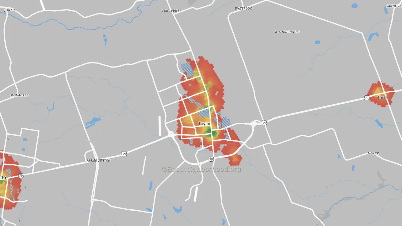 Walk Grade map of Taylor, TX, walkable areas in green and car-dependent areas in red