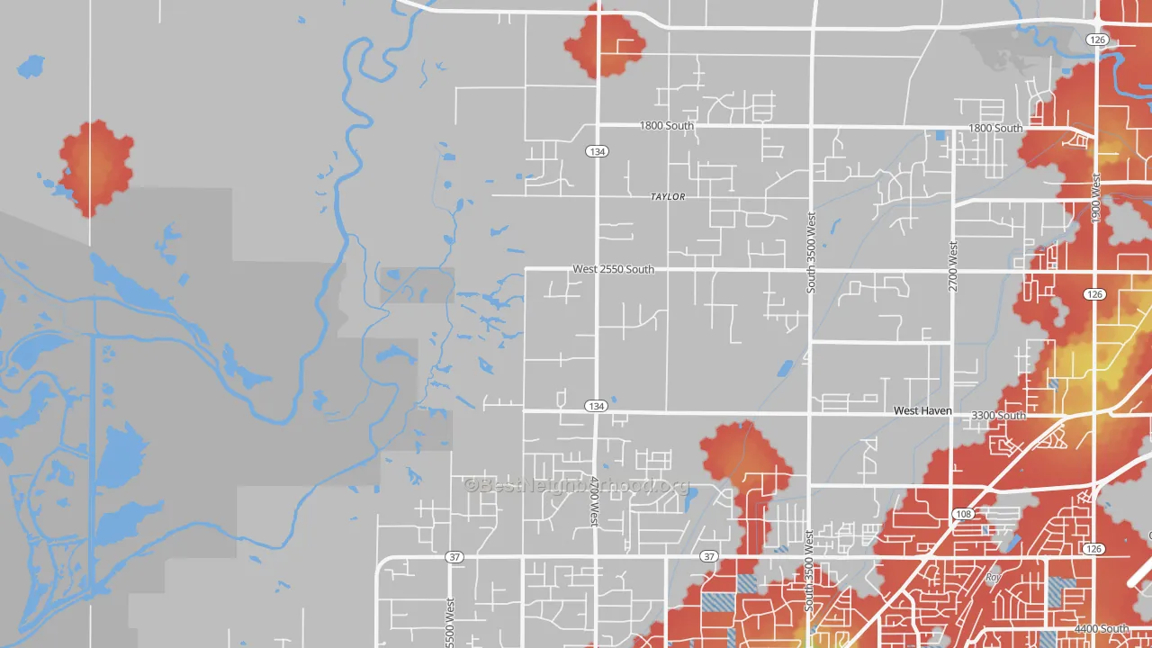 Walk Grade map of Taylor, UT, walkable areas in green and car-dependent areas in red