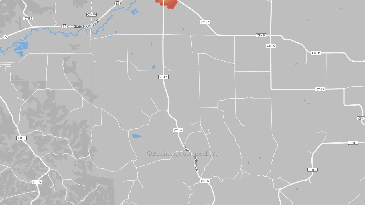Walk Grade map of Taylor, WI, walkable areas in green and car-dependent areas in red