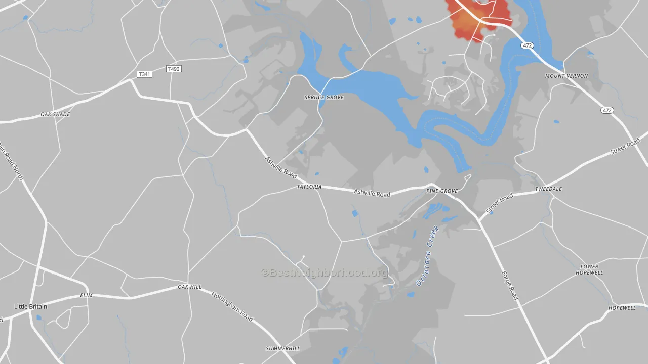 Walk Grade map of Tayloria, PA, walkable areas in green and car-dependent areas in red