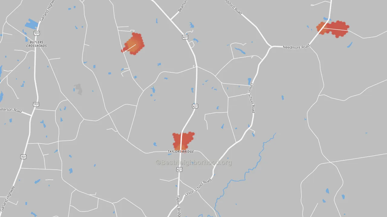 Walk Grade map of Taylors Bridge, NC, walkable areas in green and car-dependent areas in red