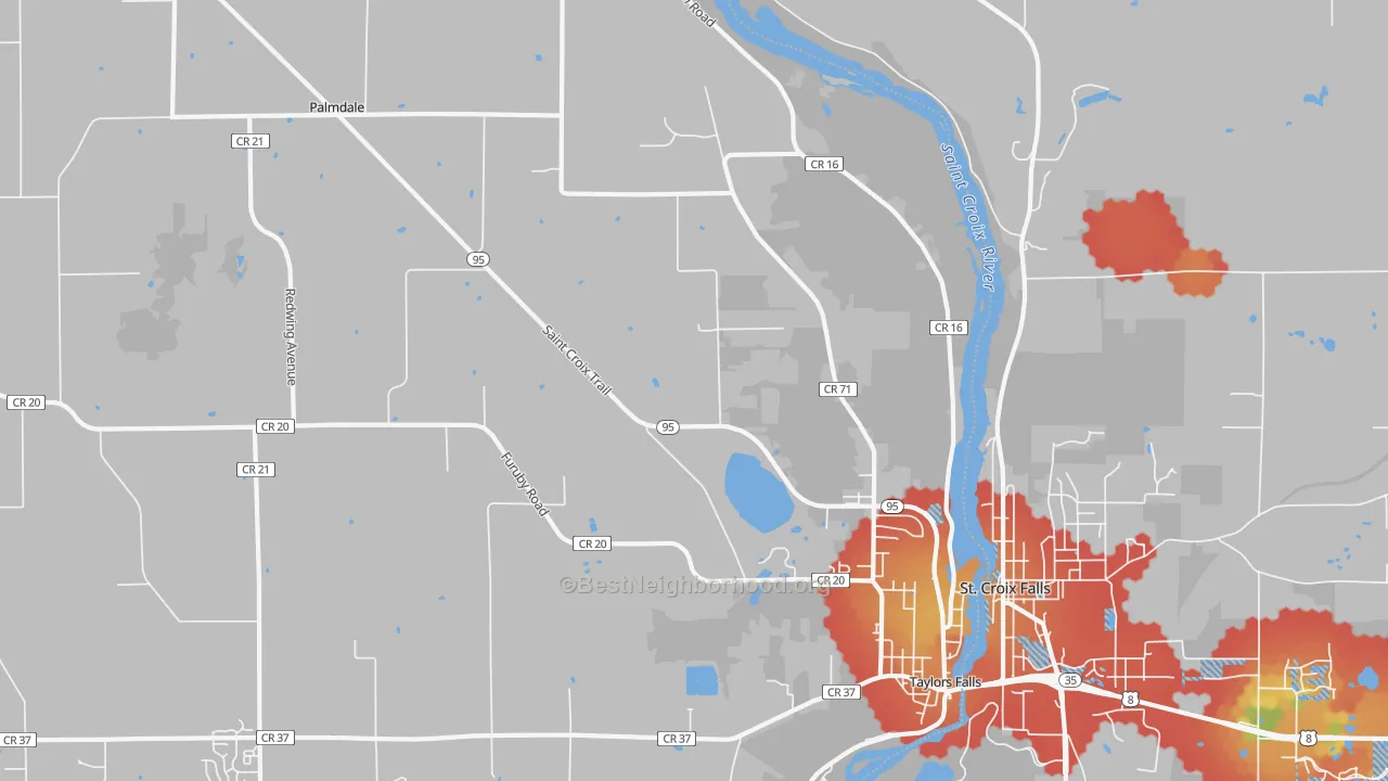Walk Grade map of Taylors Falls, MN, walkable areas in green and car-dependent areas in red