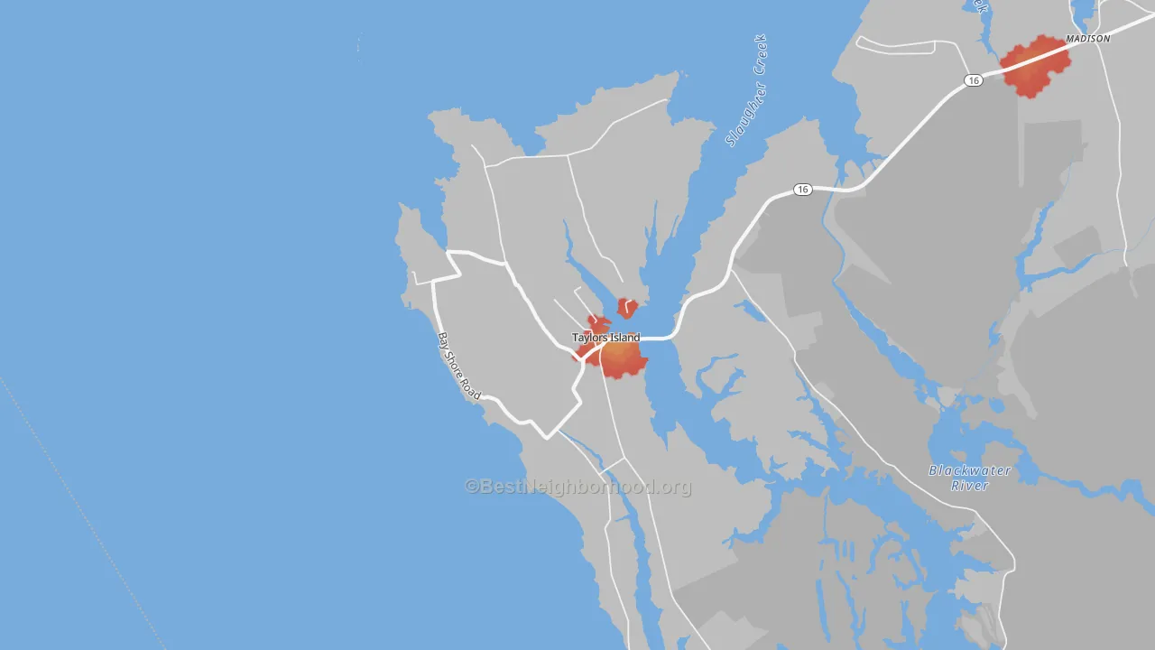 Walk Grade map of Taylors Island, MD, walkable areas in green and car-dependent areas in red