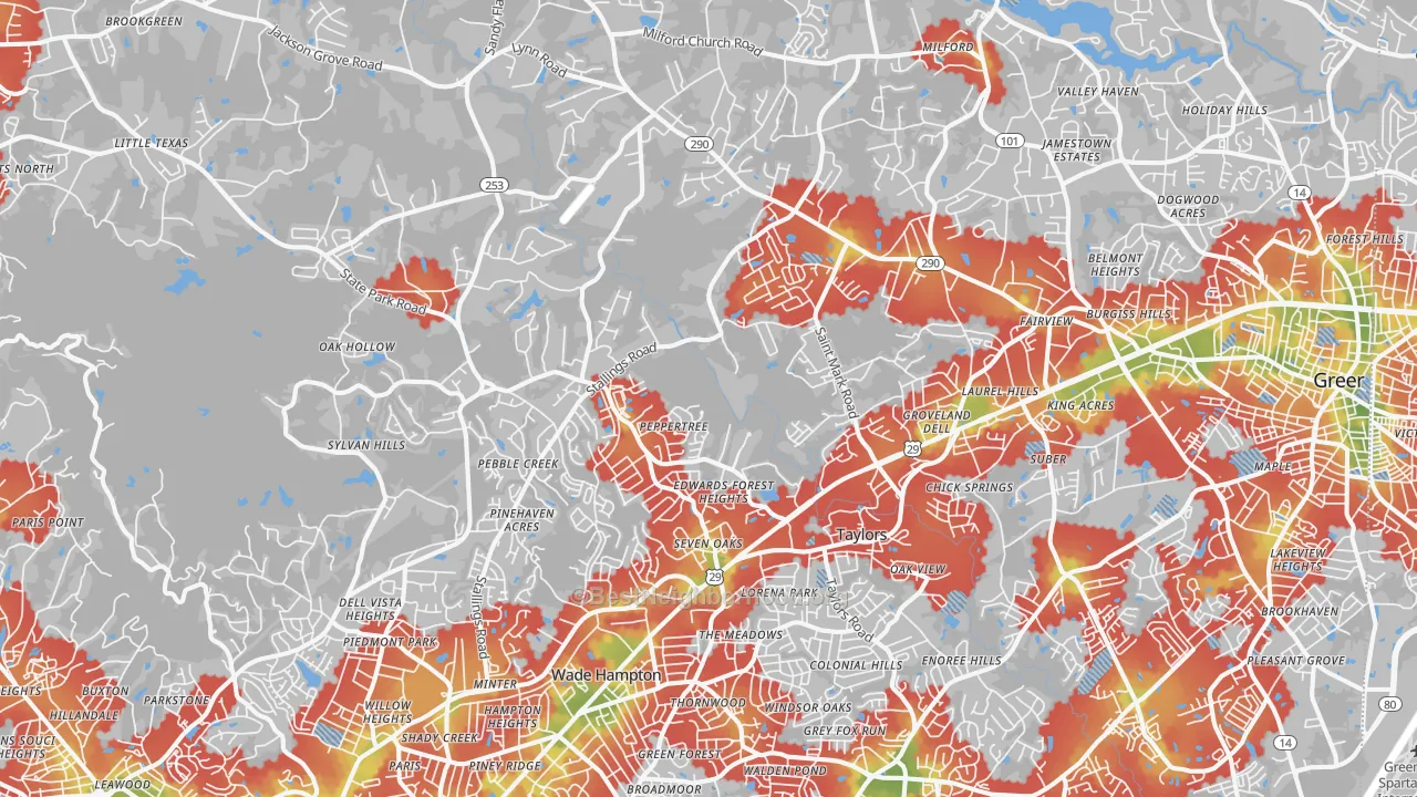 Walk Grade map of Taylors, SC, walkable areas in green and car-dependent areas in red