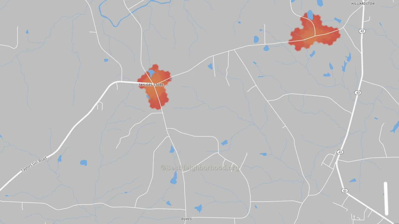 Walk Grade map of Taylors Store, NC, walkable areas in green and car-dependent areas in red