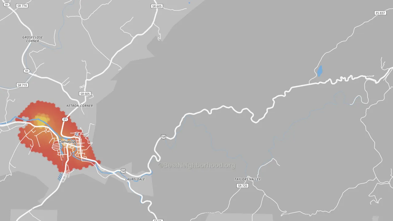 Walk Grade map of Taylors Valley, VA, walkable areas in green and car-dependent areas in red