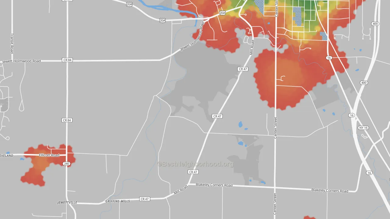 Walk Grade map of Taylorshire, NY, walkable areas in green and car-dependent areas in red