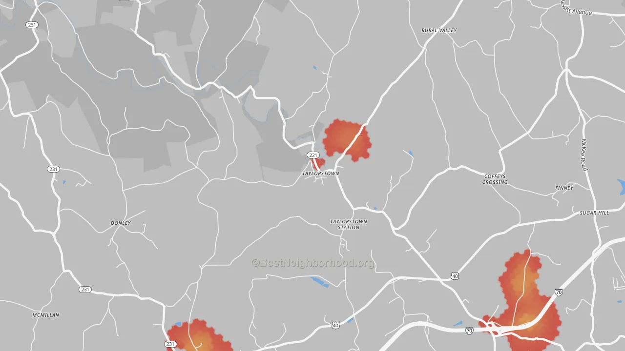 Walk Grade map of Taylorstown, PA, walkable areas in green and car-dependent areas in red