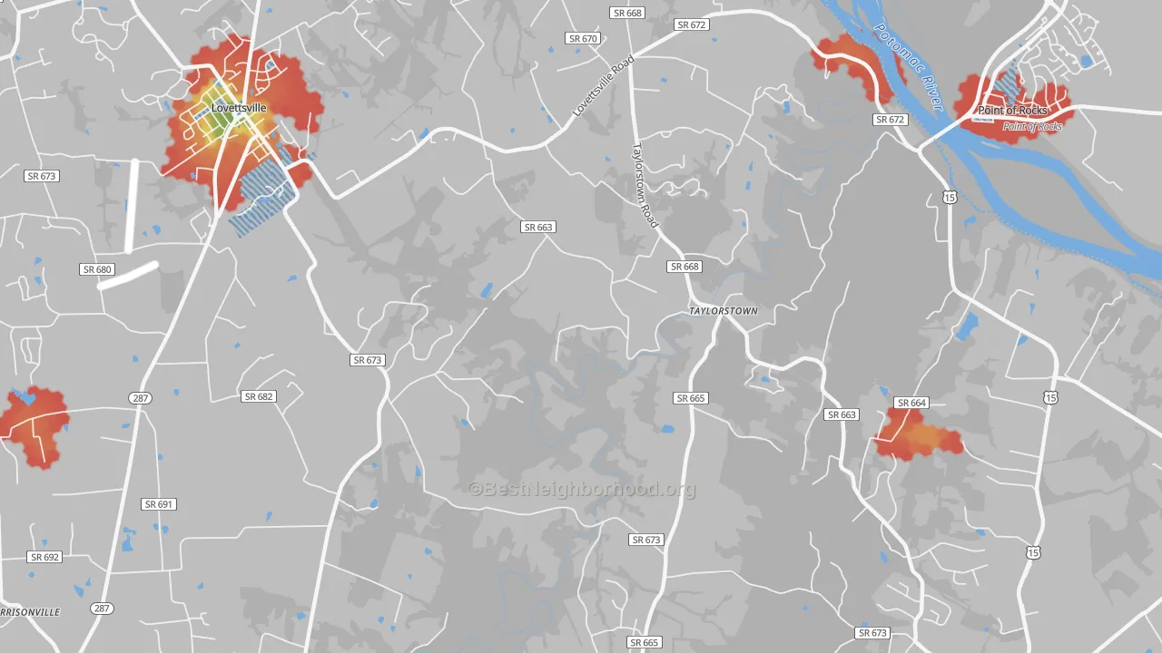 Walk Grade map of Taylorstown, VA, walkable areas in green and car-dependent areas in red
