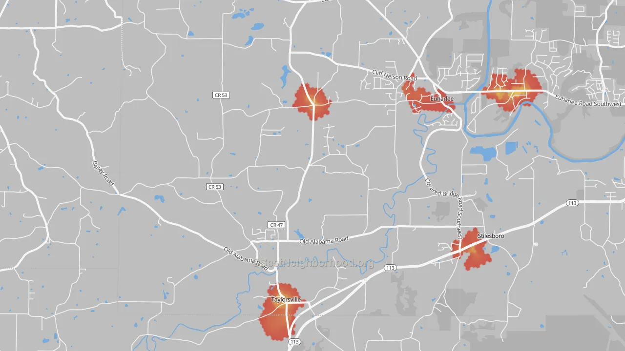 Walk Grade map of Taylorsville, GA, walkable areas in green and car-dependent areas in red