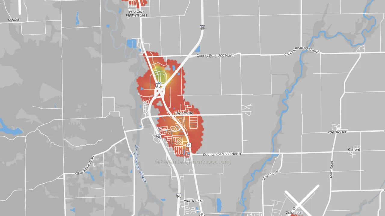Walk Grade map of Taylorsville, IN, walkable areas in green and car-dependent areas in red
