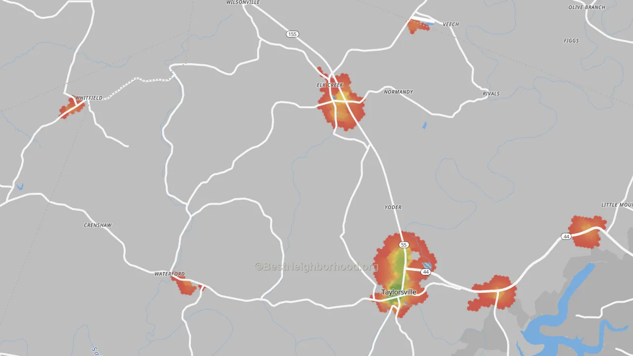 Walk Grade map of Taylorsville, KY, walkable areas in green and car-dependent areas in red