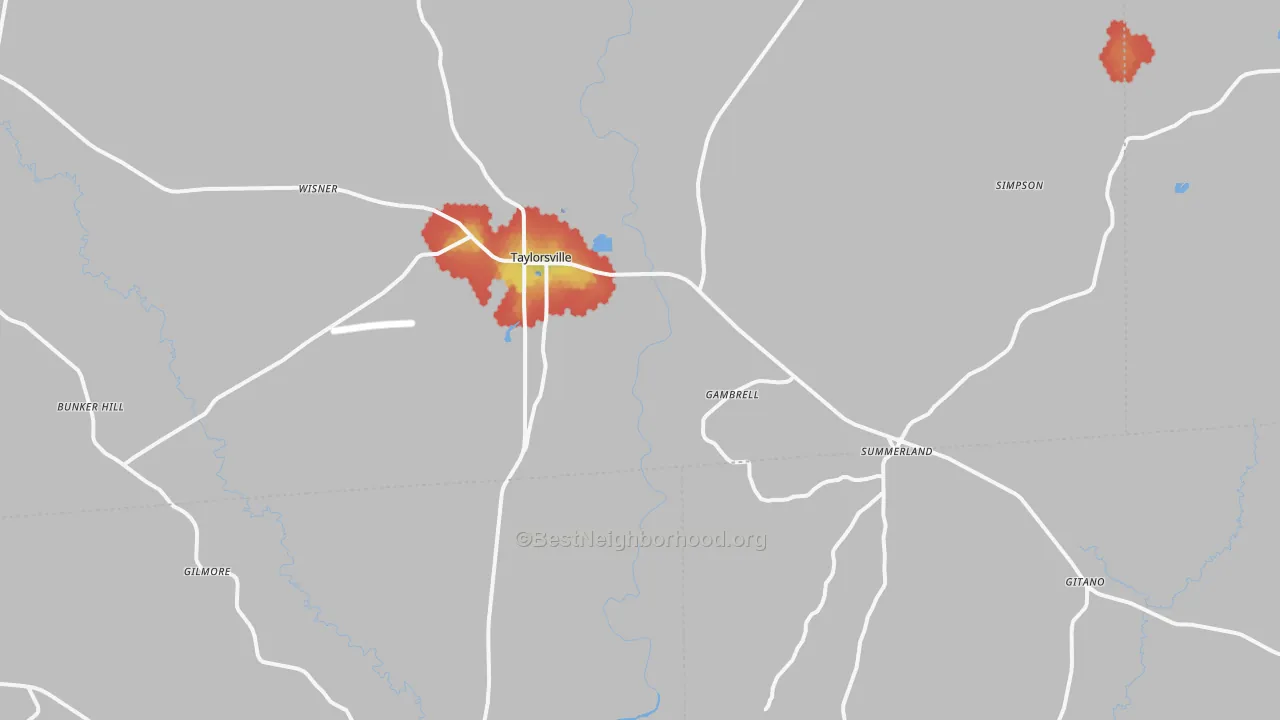 Walk Grade map of Taylorsville, MS, walkable areas in green and car-dependent areas in red
