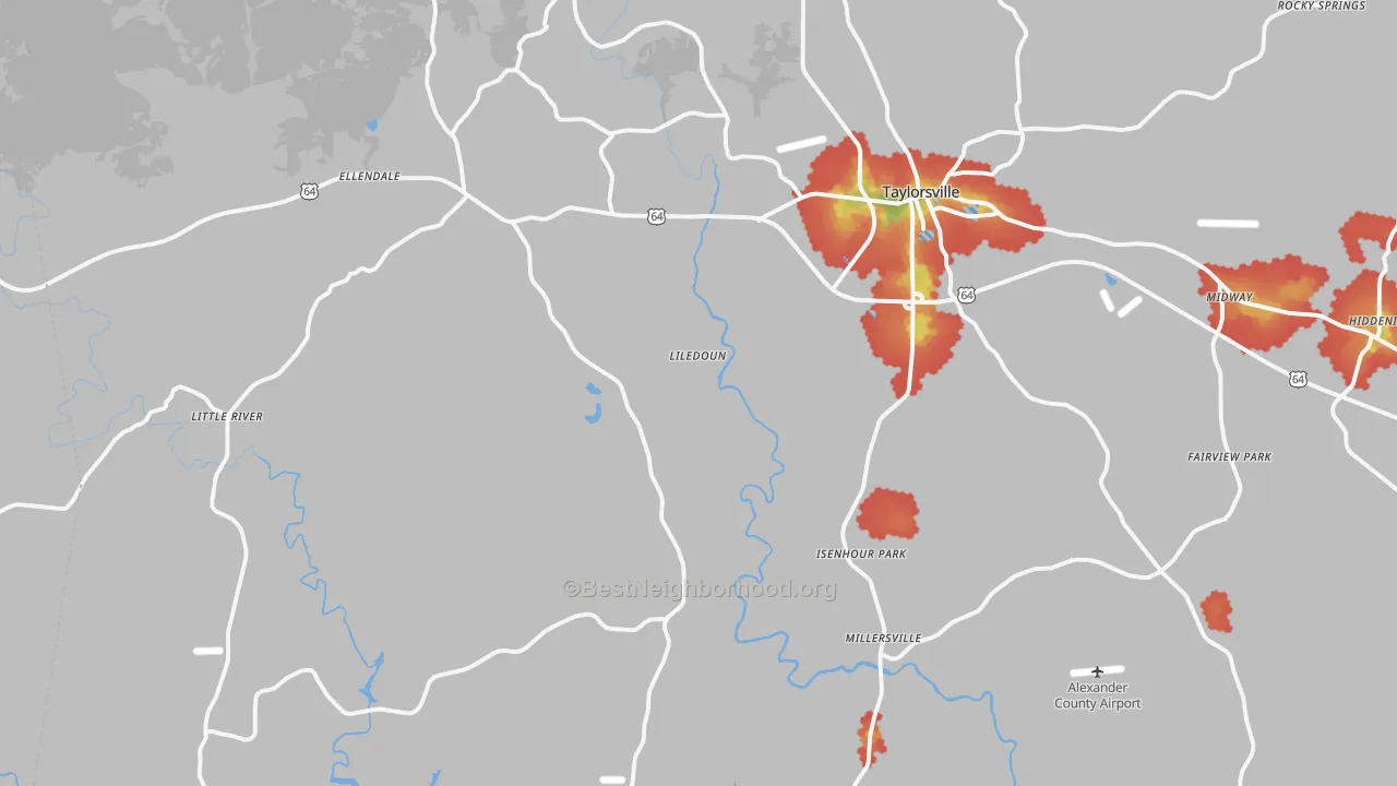 Walk Grade map of Taylorsville, NC, walkable areas in green and car-dependent areas in red
