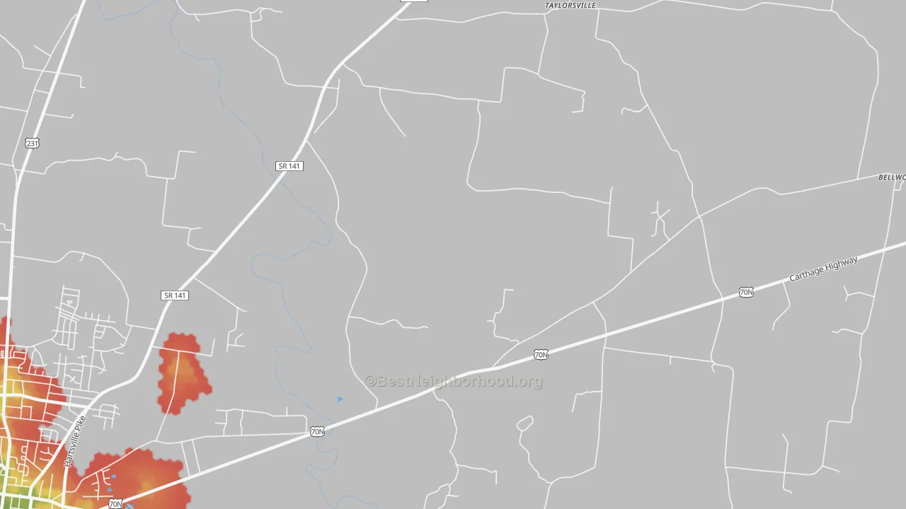 Walk Grade map of Taylorsville, TN, walkable areas in green and car-dependent areas in red