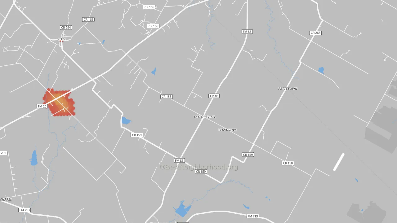 Walk Grade map of Taylorsville, TX, walkable areas in green and car-dependent areas in red