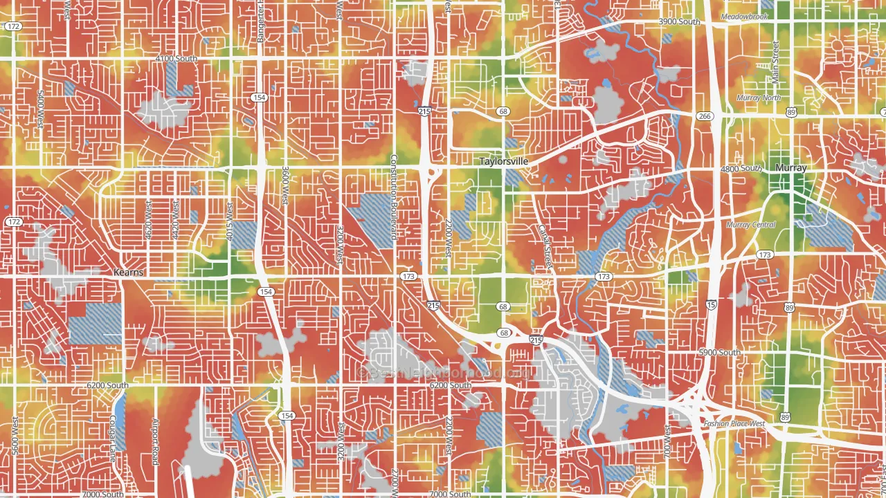 Walk Grade map of Taylorsville, UT, walkable areas in green and car-dependent areas in red