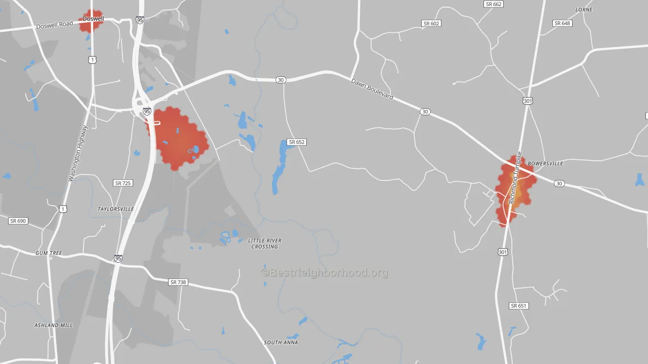 Walk Grade map of Taylorsville, VA, walkable areas in green and car-dependent areas in red