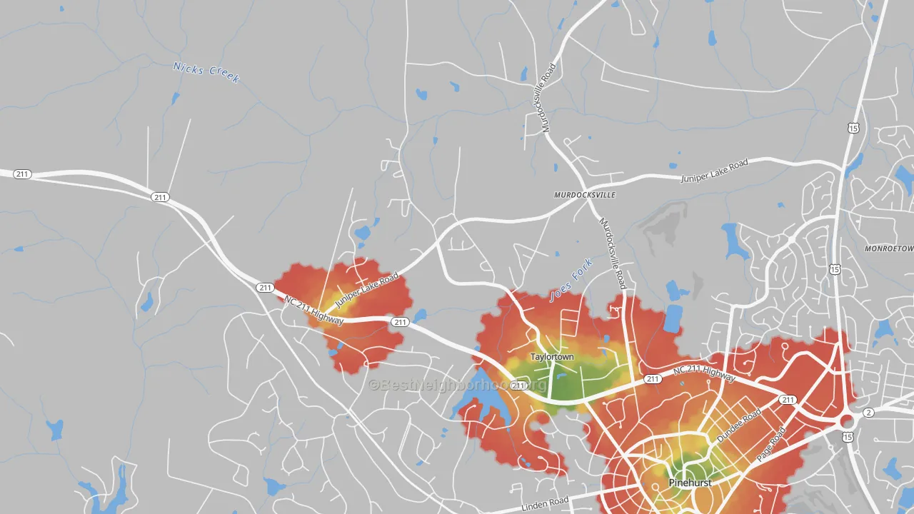 Walk Grade map of Taylortown, NC, walkable areas in green and car-dependent areas in red