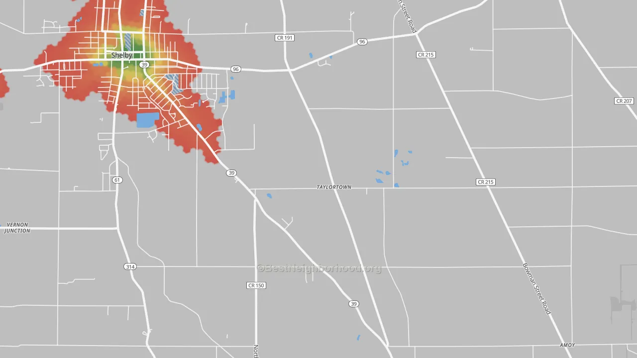 Walk Grade map of Taylortown, OH, walkable areas in green and car-dependent areas in red