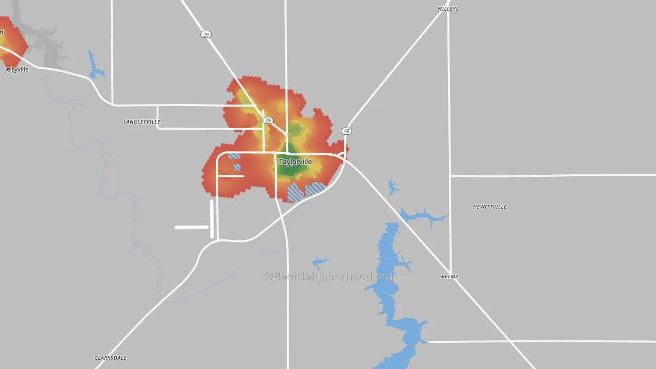Walk Grade map of Taylorville, IL, walkable areas in green and car-dependent areas in red