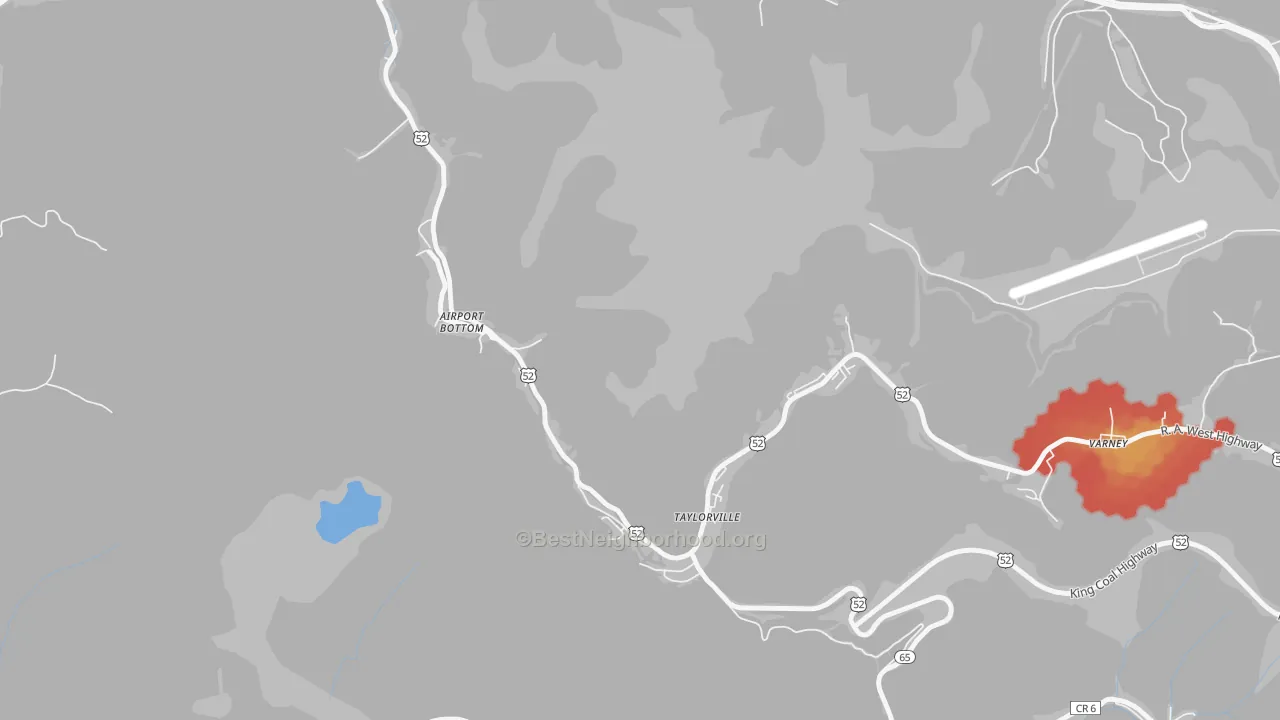 Walk Grade map of Taylorville, WV, walkable areas in green and car-dependent areas in red