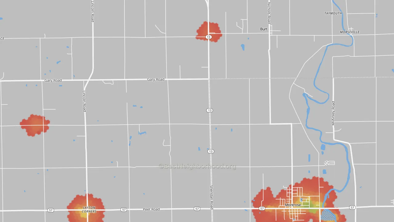 Walk Grade map of Taymouth, MI, walkable areas in green and car-dependent areas in red