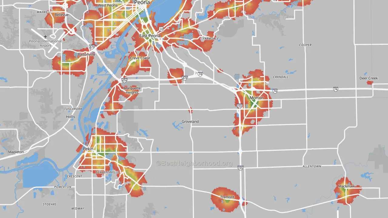 Walk Grade map of Tazewell County, IL, walkable areas in green and car-dependent areas in red