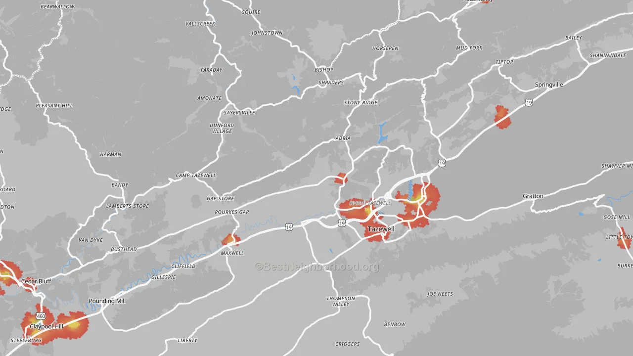 Walk Grade map of Tazewell County, VA, walkable areas in green and car-dependent areas in red