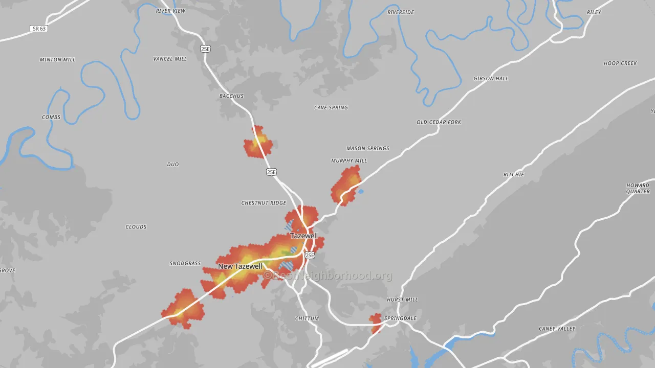 Walk Grade map of Tazewell, TN, walkable areas in green and car-dependent areas in red