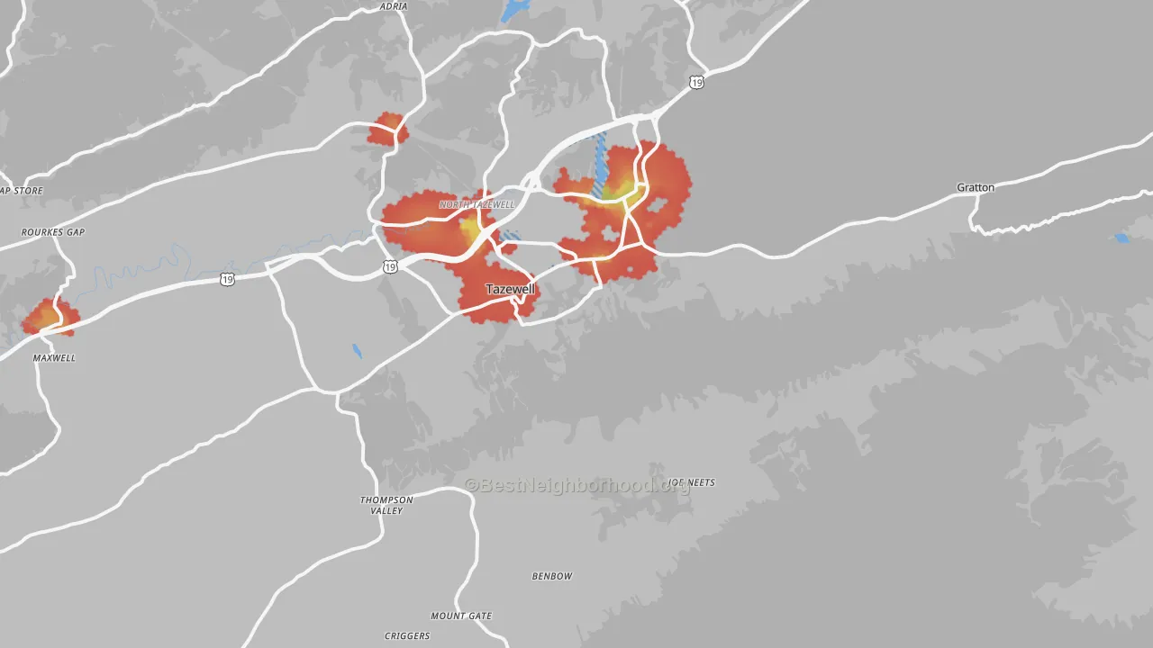 Walk Grade map of Tazewell, VA, walkable areas in green and car-dependent areas in red