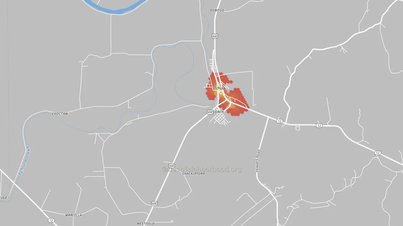 Walk Grade map of Tchula, MS, walkable areas in green and car-dependent areas in red