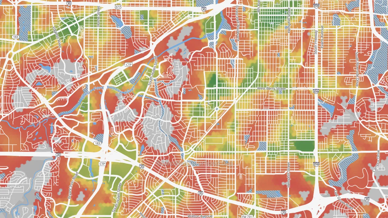Walk Grade map of TCU-West Cliff, Fort Worth, TX, walkable areas in green and car-dependent areas in red