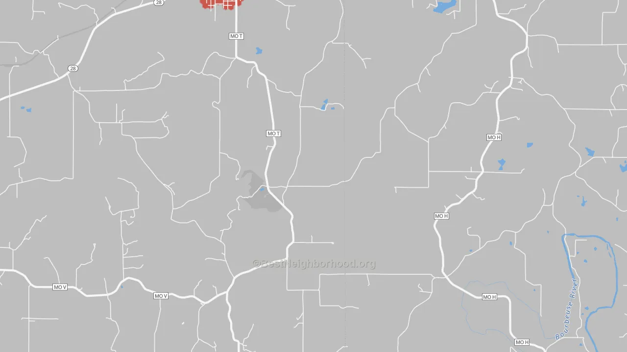 Walk Grade map of Tea, MO, walkable areas in green and car-dependent areas in red
