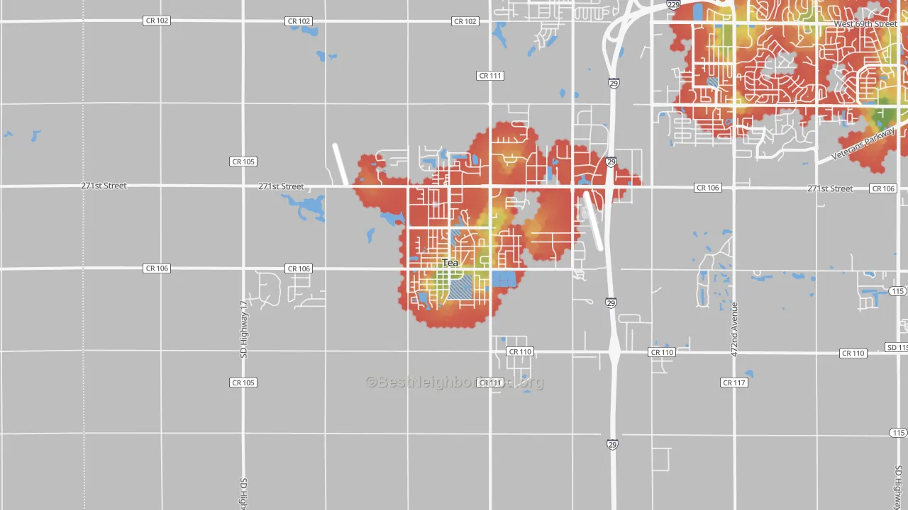 Walk Grade map of Tea, SD, walkable areas in green and car-dependent areas in red