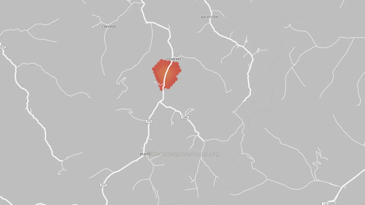 Walk Grade map of Teaberry, KY, walkable areas in green and car-dependent areas in red