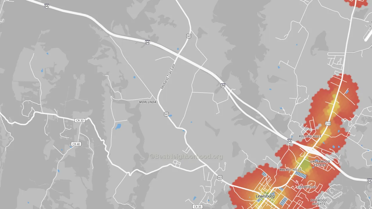 Walk Grade map of Teaberry, WV, walkable areas in green and car-dependent areas in red