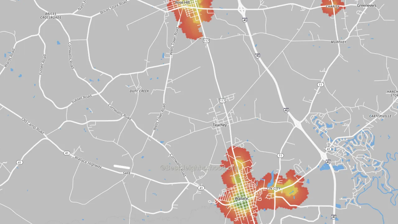 Walk Grade map of Teachey, NC, walkable areas in green and car-dependent areas in red