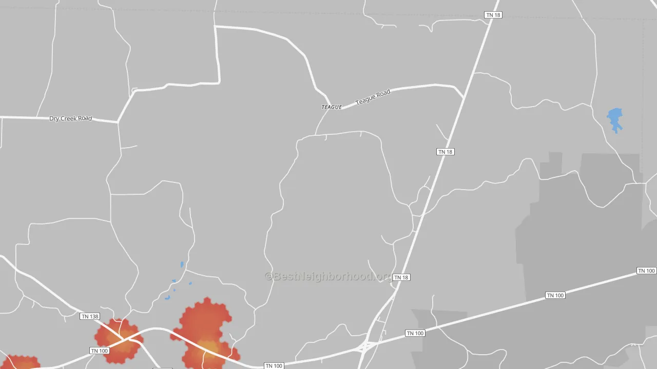 Walk Grade map of Teague, TN, walkable areas in green and car-dependent areas in red