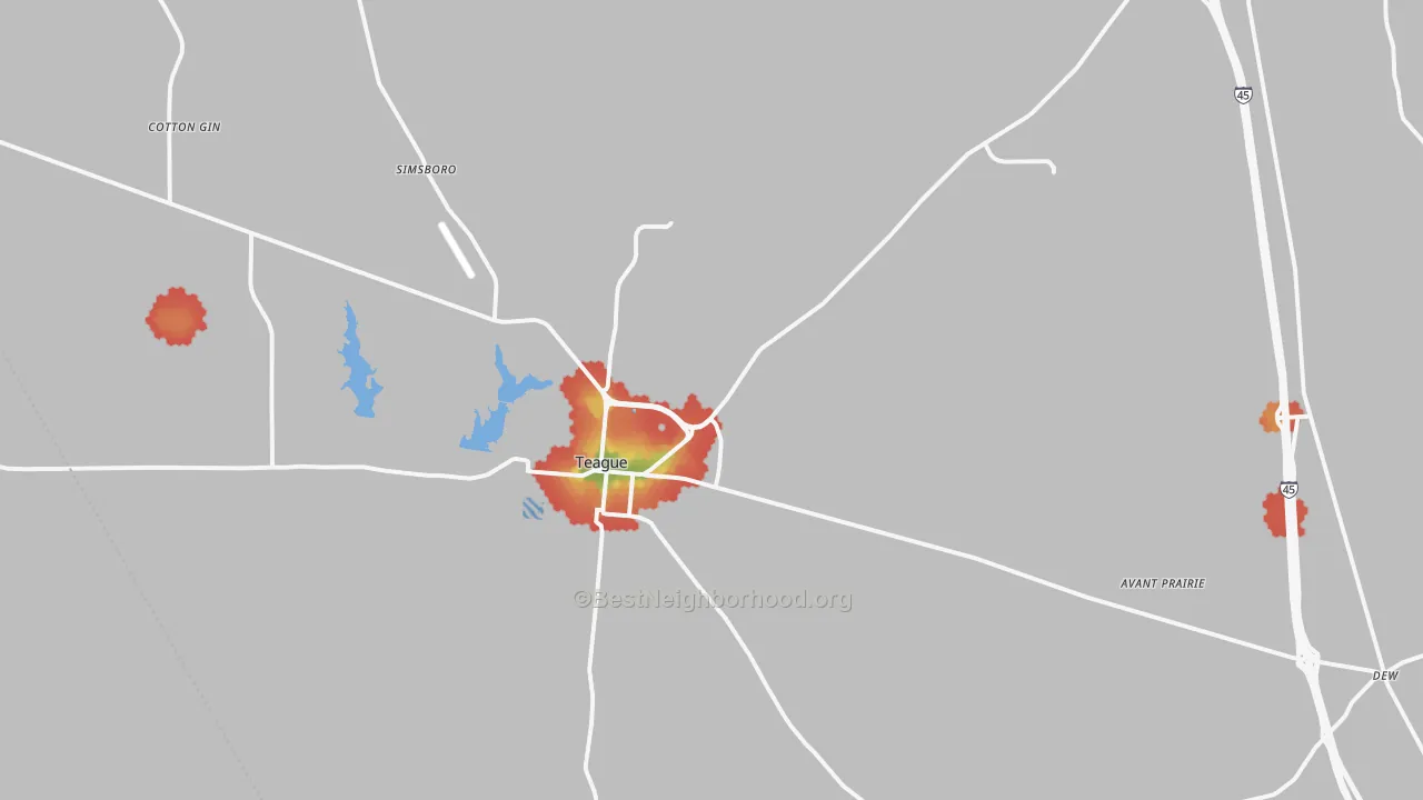 Walk Grade map of Teague, TX, walkable areas in green and car-dependent areas in red