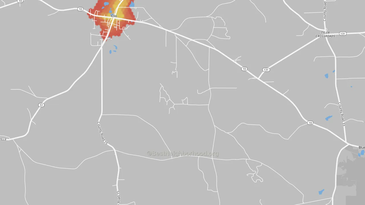 Walk Grade map of Teals Crossroads, AL, walkable areas in green and car-dependent areas in red