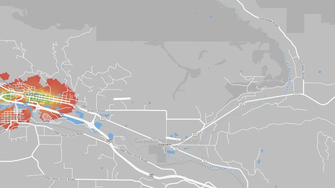 Walk Grade map of Teanaway, WA, walkable areas in green and car-dependent areas in red