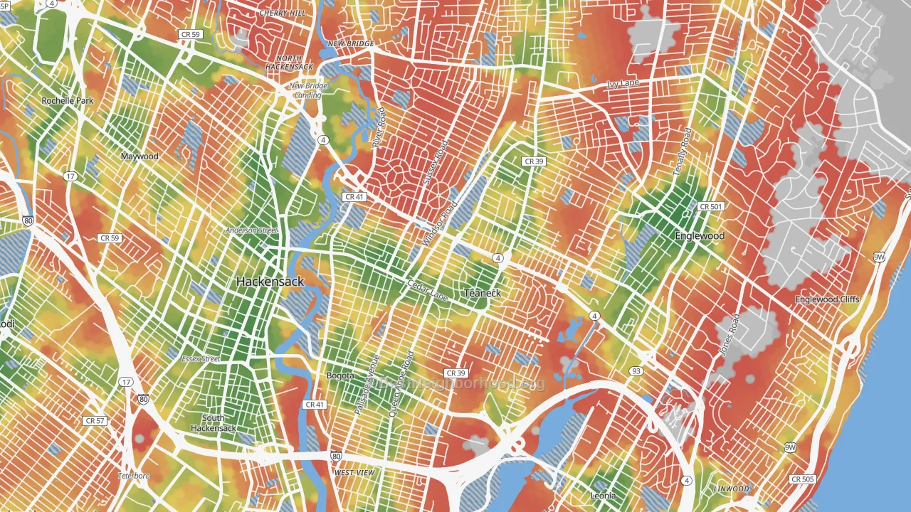 Walk Grade map of Teaneck, NJ, walkable areas in green and car-dependent areas in red