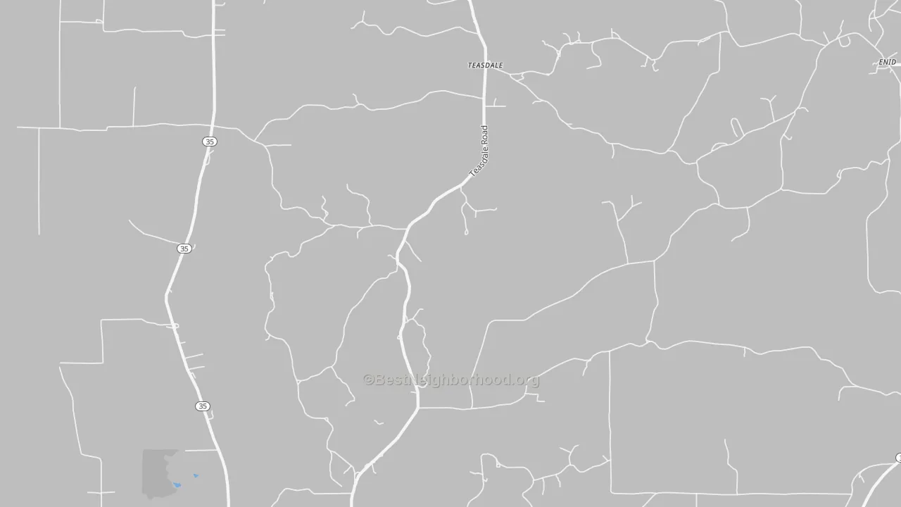 Walk Grade map of Teasdale, MS, walkable areas in green and car-dependent areas in red