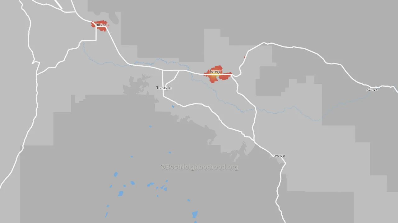 Walk Grade map of Teasdale, UT, walkable areas in green and car-dependent areas in red